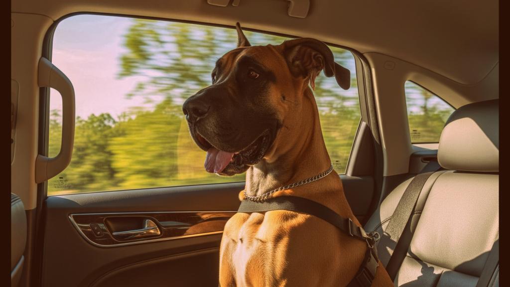 Great Dane riding in a car. A Great Dane will take up as least as much space as an adult human which is a consideration for suitability